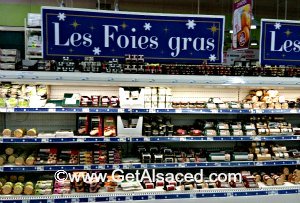 Stocked up shelves of foie gras in Alsace at Christmas time