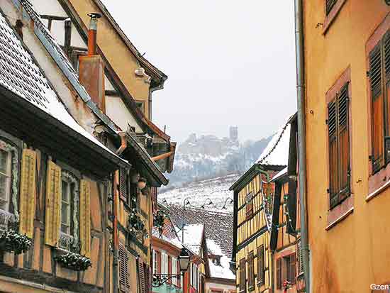 view of a castle in the village of Ribeauville in Alsace France