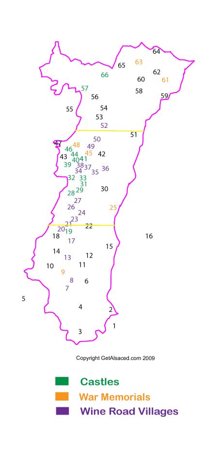 Alsace map showing villages, castles, and other interesting sites