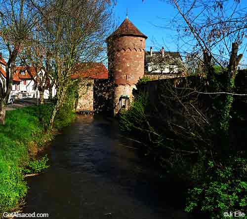 medieval tower in small town in alsace france